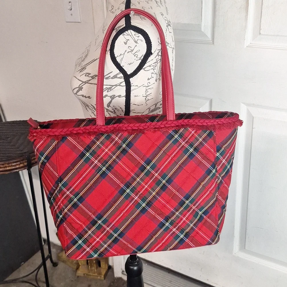Talbots Red‎ Plaid Tote Handbag Purse Preppy Classic Work Travel